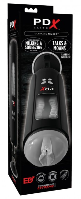 PDX Ultimate Milker - akkus, nyögő, vibráló, péniszfejő punci maszturbátor (fekete)